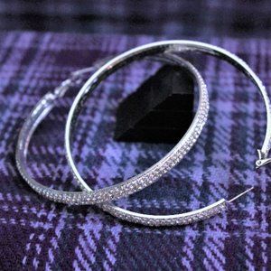 NWT Large Rhinestone Silver Tone Hoop Earrings